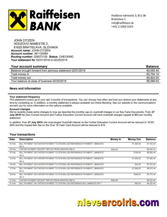 Slovakia Raiffeisen Bank statement